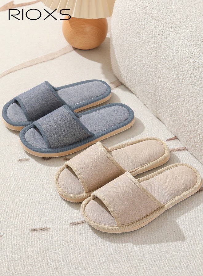 RIOXS 2 Pair Unisex Open Toe Summer House Slippers, Lightweight Breathable Slippers for Men and Women, Comfortable Slip On Slides Sandals, Washable Reusable Silent Slide Slippers for Guests, Non Slip Spa Slipper for Home Bedroom, Hotel, Travel, Beige+Blue - Image 2